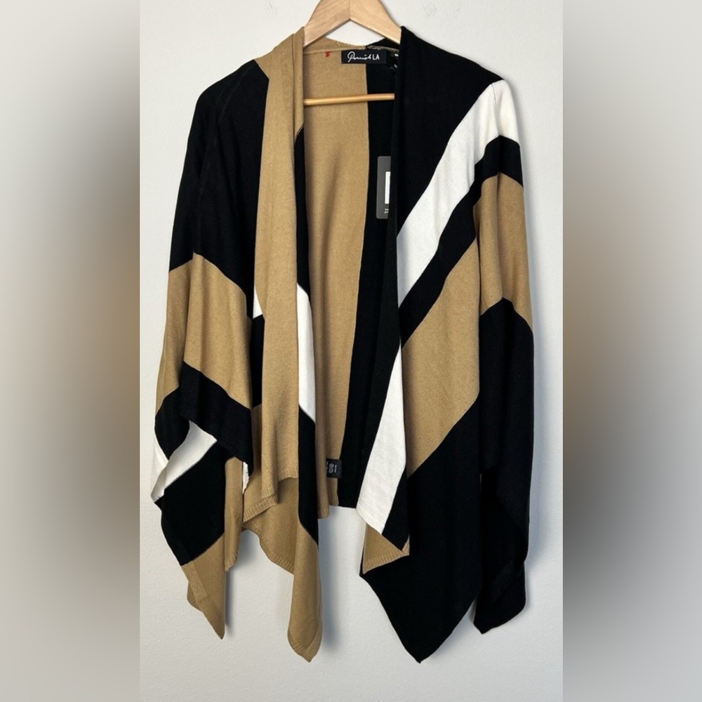 Parrish LA Stylish Black and Tan Women's Poncho, Stevie Poncho, Rachel Zoe